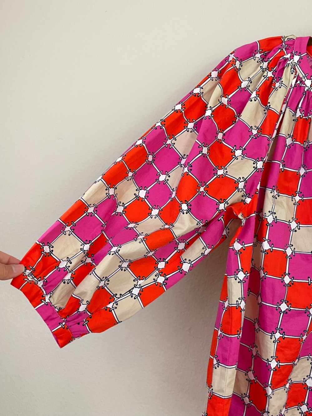 Trina Turk Pink & Red Geometric Organic Cotton Nautical Peasant Blouse Size S - Picture 3 of 8